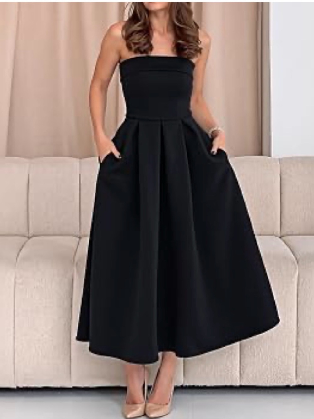Classic Strapless Black Midi Dress with Pleated Skirt